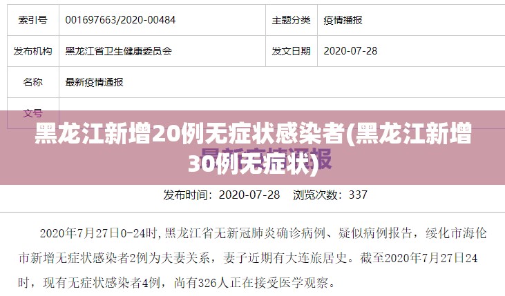 黑龙江新增20例无症状感染者(黑龙江新增30例无症状) 黑龙江新增20例无症状感染者(黑龙江新增30例无症状)