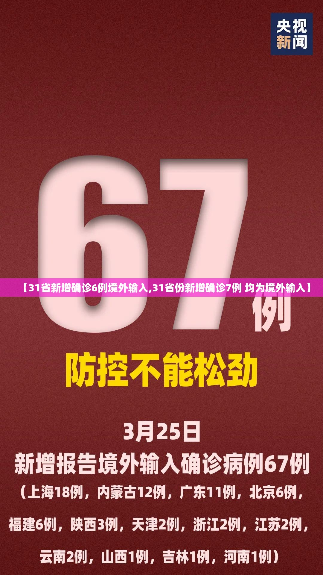 【31省新增确诊6例境外输入,31省份新增确诊7例 均为境外输入】