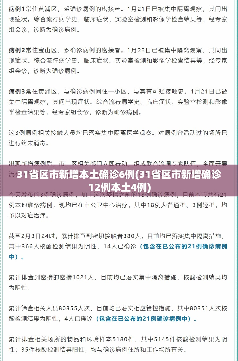 31省区市新增本土确诊6例(31省区市新增确诊12例本土4例)