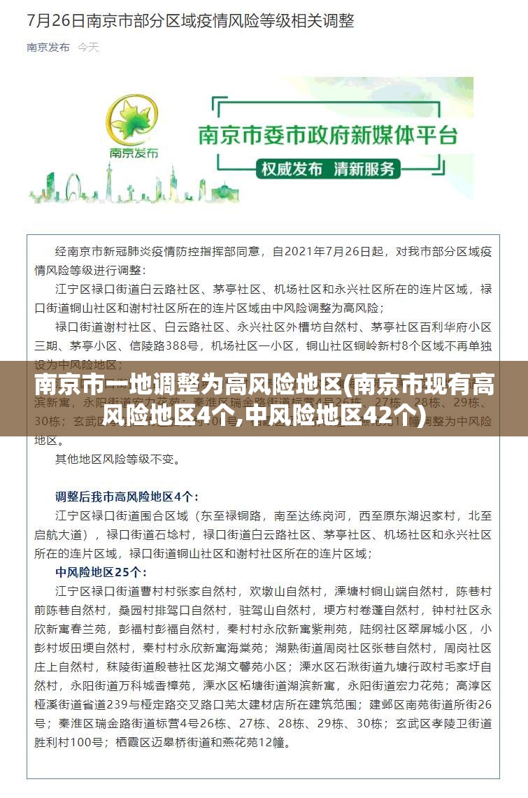 南京市一地调整为高风险地区(南京市现有高风险地区4个,中风险地区42个) 南京市一地调整为高风险地区(南京市现有高风险地区4个,中风险地区42个)