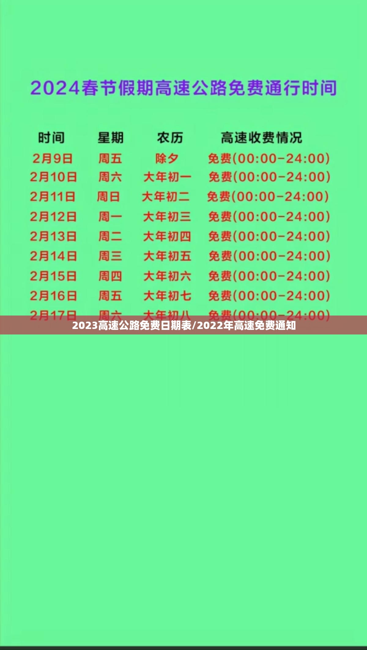 2023高速公路免费日期表/2022年高速免费通知 2023高速公路免费日期表/2022年高速免费通知