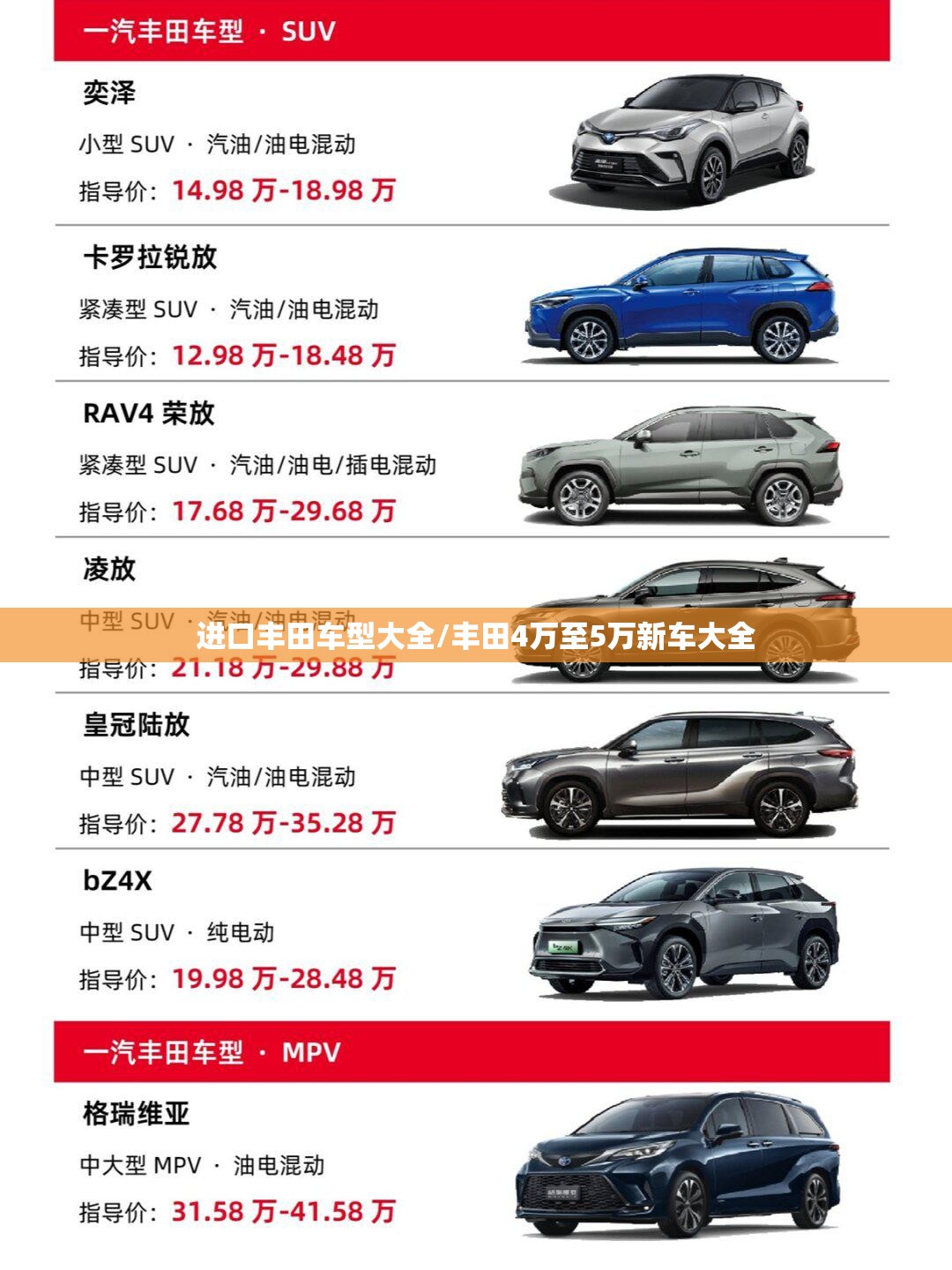 进口丰田车型大全/丰田4万至5万新车大全 进口丰田车型大全/丰田4万至5万新车大全