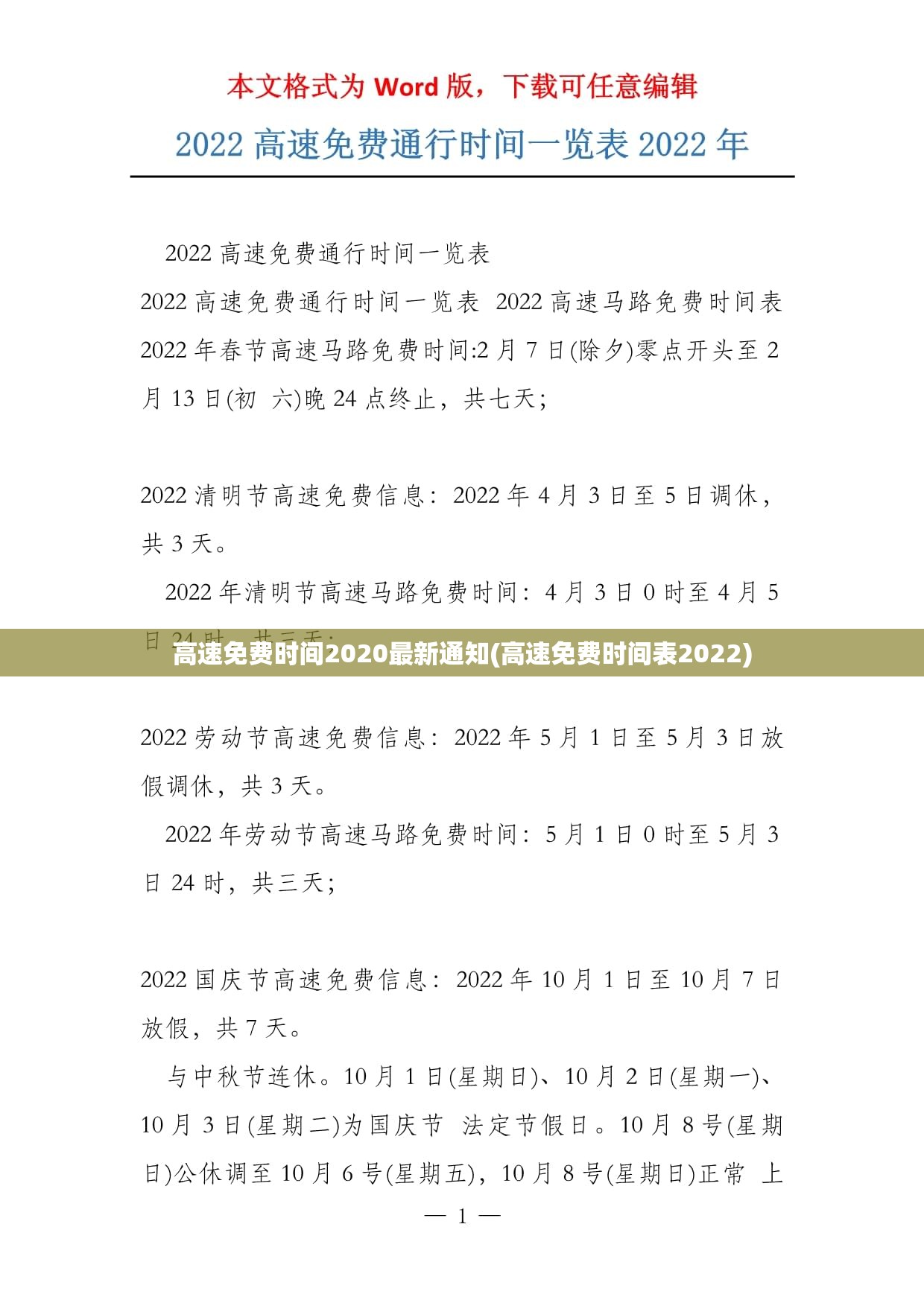 高速免费时间2020最新通知(高速免费时间表2022) 高速免费时间2020最新通知(高速免费时间表2022)