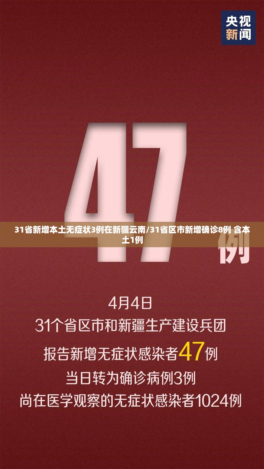 31省新增本土无症状3例在新疆云南/31省区市新增确诊8例 含本土1例 31省新增本土无症状3例在新疆云南/31省区市新增确诊8例 含本土1例