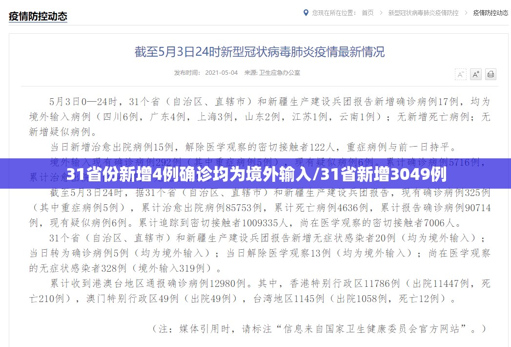 31省份新增4例确诊均为境外输入/31省新增3049例