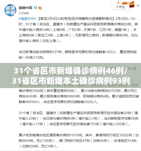 31个省区市新增确诊病例46例/31省区市新增本土确诊病例93例