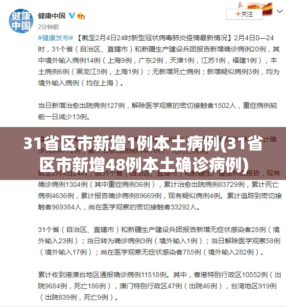 31省区市新增1例本土病例(31省区市新增48例本土确诊病例)